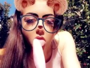 Backyard dildo sucking 19yo slut