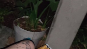 Playing with my fat pussy naked on my porch 