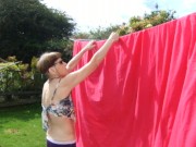 Hanging Washing Outside In Sexy Outfit! Purple Knickers, Nice Top Sexy Legs