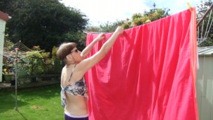 Hanging Washing Outside In Sexy Outfit! Purple Knickers, Nice Top Sexy Legs