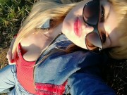 A sunny day & a gorgeous milf sunbathing in the field feeling sexy!  13/16