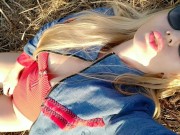 A sunny day & a gorgeous milf sunbathing in the field feeling sexy!  15/16