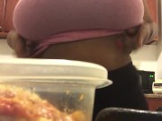 Titty tease while eating leftover pizza
