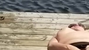 Rub my cock watching my wife masturbate on a public jetty, almost caught! 