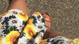 POV Sundress walking in public showing g-string in platform high heels