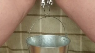 BDSM Pussy Labia Stretching Weight Torture Pissing in a Bucket Clamped Lips
