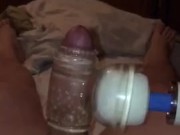 Slow Motion cumshot using my Magic Wand massager cock sleeve. Vol 1
