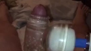 Slow Motion cumshot using my Magic Wand massager cock sleeve. Vol 1