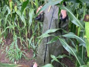 German couple have fun public nature sex cornfield risk get caught raincoat 1/16
