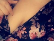 Teen plays with big natural tits in bed.