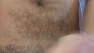Hand job with copious cum on my hairy belly