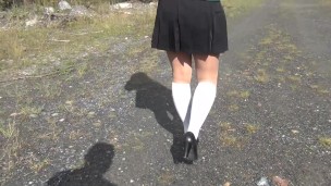 Schoolgirl show under the skirt and feet white knee socks fetish