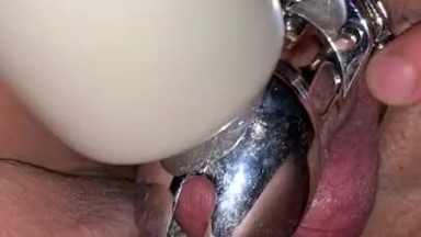 Vibrating his chastity cage until he cums on my pussy Part 2