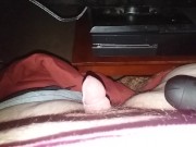 Fat guy uses vibrating cock sucker for double cum