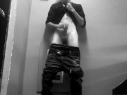 Jerking off and teasing in staircase