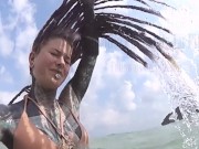 Heavily tattooed dreadlocks Anuskatzz holiday ocean tease with Lily Lu 15/16