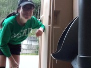 Nerdy Girl In Glasses Uses Urinal In Porta John 1/16