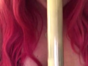 Pink haired girl gives dildo a blowjob 