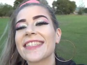 Schoolgirl gives public blowjob & fucks outdoors for facial with cumwalk 16/16