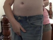 girlfriend gives quick handjob from behind, nice cock stroking and cumshot