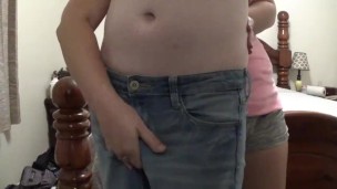 girlfriend gives quick handjob from behind, nice cock stroking and cumshot