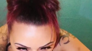 Honey Red sucking big black dildo