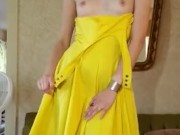 Yellow dress and heels, slow strip tease.  8/16