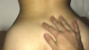 Horny teen slut takes cumshot on big booty, loud moaning morning sex POV