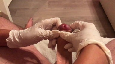 Wife in doctor gloves gives best sloppy handjob with cum blast