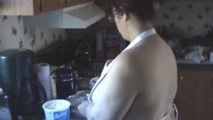 BBW wearing apron topless baking cookies in kitchen licks nips - Not HQ