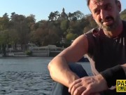 Sub rides and tugs cock for cum on tits 1/16