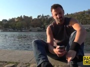 Sub rides and tugs cock for cum on tits 2/16