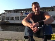 Sub rides and tugs cock for cum on tits 4/16