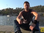 Sub rides and tugs cock for cum on tits 5/16