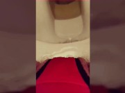 Wetting on toilet in too tight panties while rubbing hairy pussy to orgasm