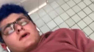 glasses wearing twink tries to cum on face, cums on sweatshirt instead