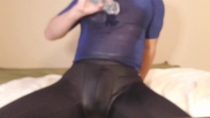 Spandex boy rubbing myself in baby oil and jerking off