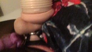 Sissy instructed to fuck flashlight with strap on by mistress 