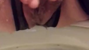 Cumming while peeing in fishnets and crotchless panties 