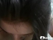 Slutty brunette eating his cock like a slut 8/16