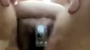BBW Babe with Hairy Pussy Rides Dildo On Clear Chair