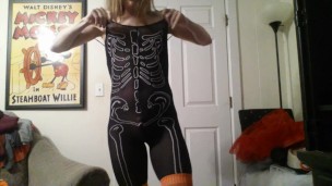 Trans Girl in Skeleton Bodystocking for Halloween