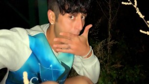 Teen is pushing out cum of his ass and tasting anal creampie outdoor