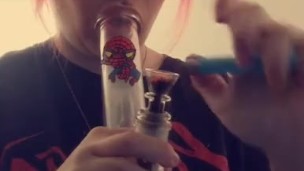 Pink haired slut takes a rip from her bong (volume up!)