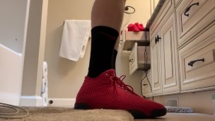 Black and red Nike elite socks with red Jordan retro 