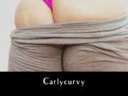 Blonde Carlycurvy in tight yoga pants with a pink thong tease!  14/16