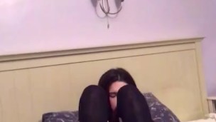 Cute petite girl cums in black knee high socks xo