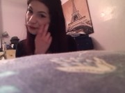Misbehaving young slut licks her feet on parents bed 