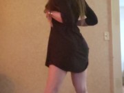 Slow Tease. Brunette strips from dress to panties. Tall leather boots/heels 2/16