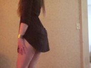 Slow Tease. Brunette strips from dress to panties. Tall leather boots/heels 3/16